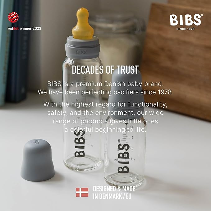 BIBS Baby Glass Bottle Complete Set 110 ml | BPA Free Natural Rubber | Made in Denmark | Sage