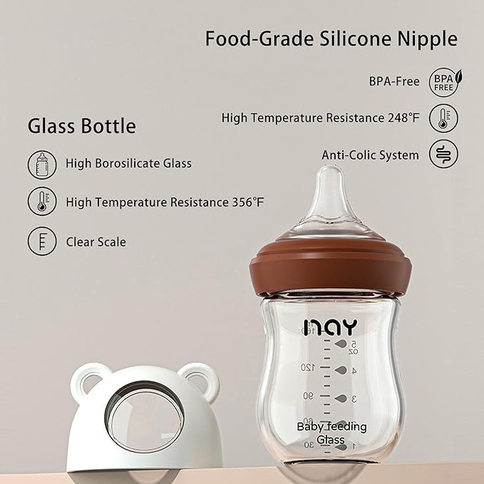 Natural Glass Baby Bottle for Breastfeeding Babies, 5.4oz Anti-Colic Baby Bottle with Natural Response Nipple(S), Clear, Wide Neck, 2 Pack, 1 Months+