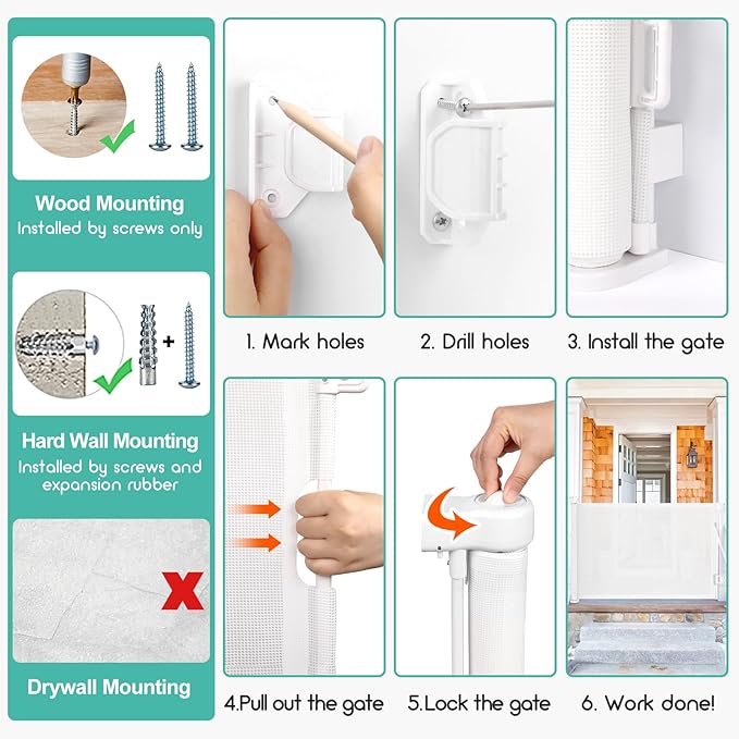 55 inch Retractable Baby Gates, EZIGO Extra Wide Baby Gate for Large Opening Extra Long Mesh Gate for Kids or Pet Dog Gate Child Safety Gate for Stairs Hallways Doorway Indoor Outdoor, White