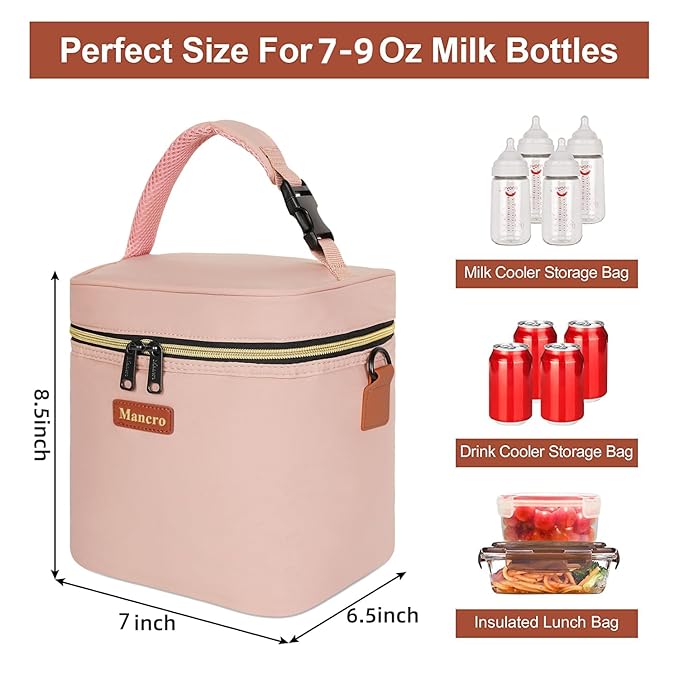 Mancro Baby Bottle Bag for Breastmilk, Breast Milk Cooler Bag with Ice Pack Fits 4 Milk Bottles Up to 9 Ounce with Adjustable Shoulder Strap, Lnsulation Breast Milk Cooler Travel Gifts, Pink