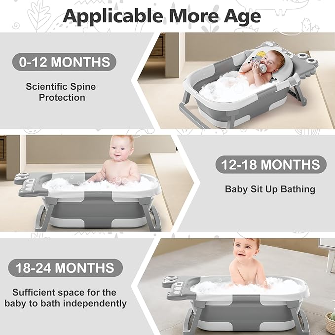Collapsible Baby Bathtub for Newborn, Foldable Baby Bath Tub with Thermometer & Soft Floating Cushion & Drain Hole, Portable Travel Infant Bath Tubs for Newborns to Toddlers 0-36 Months Boys, Grey