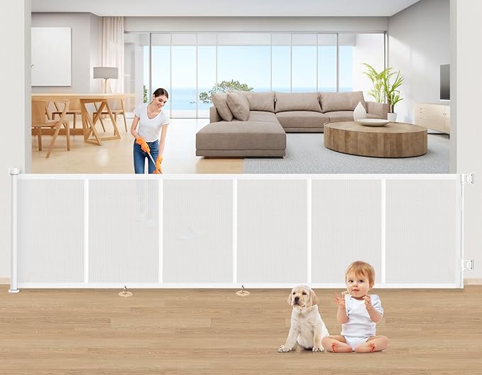 Upgrade 150 inch Retractable Baby Gates, EZIGO Extra Wide Baby Gate for Large Opening Extra Long Mesh Gate for Kids or Pet Dog Gate Child Safety Gate for Stairs Hallways Doorway Indoor Outdoor, White