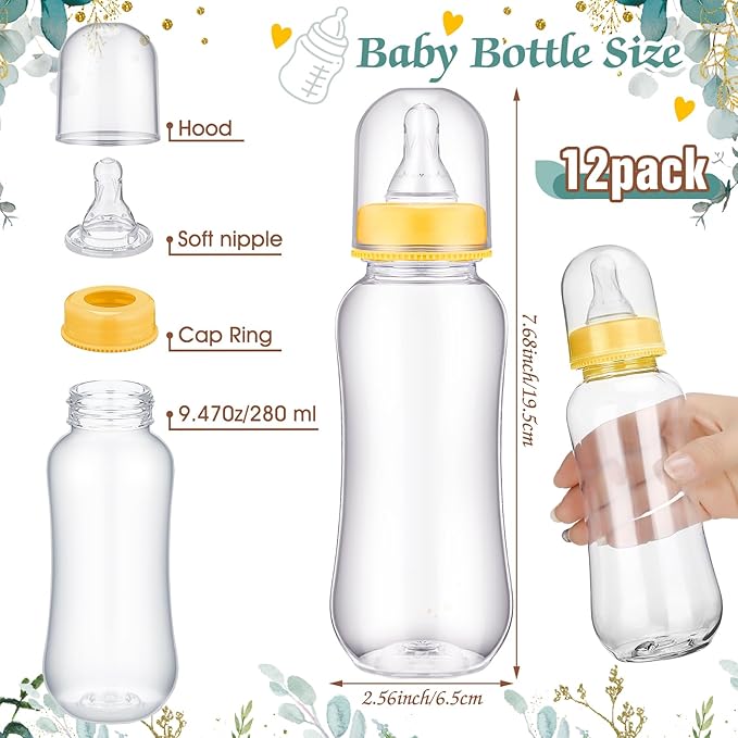 TrelaCo Greenery Cool Baby Shower Games Bottle Chug Sign Wooden Neutral Greenery Floral Gift Sets Gender Reveal Party Favors and 12 Pcs Baby Bottle Shower Favor for Games Gender Reveal