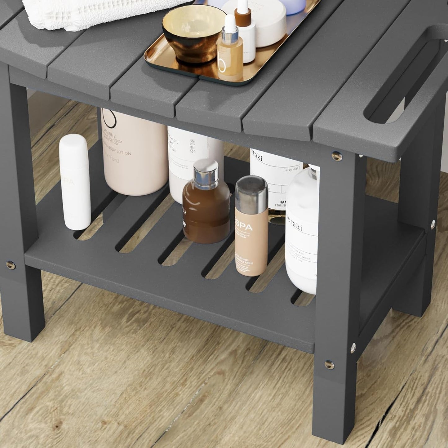 HDPE Shower Bench Stool for Inside Shower, Non-Slip Shower Stool for Shaving Legs with Storage Shelf, Waterproof Shower Chair Spa Bath Seat for Indoor & Outdoor Use (Gray)