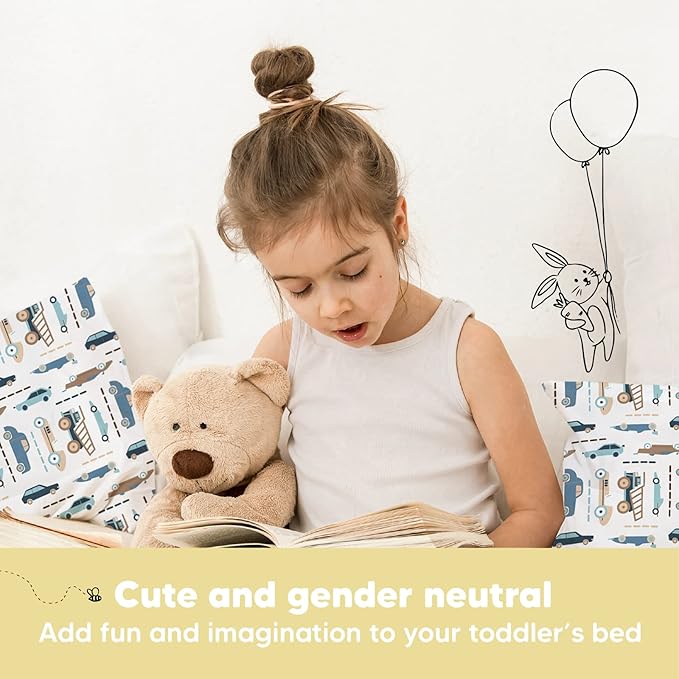 Toddler Pillow with Pillowcase - 13x18 My Little Dreamy Kids Travel Bed Pillows for Sleeping, Organic Cotton Small Pillowcase, Soft & Breathable, Machine Washable, Toddlers 2-5 Years Old (Vroom)