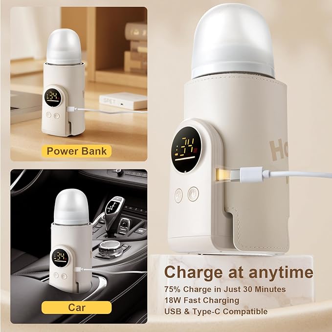 18W Portable Baby Bottle Warmer for Travel – Fast, Waterless Milk Heater for Breastmilk & Formula | USB Rechargeable Bottle Warmer with Precise Temperature Control – Essential for On-The-Go Feeding