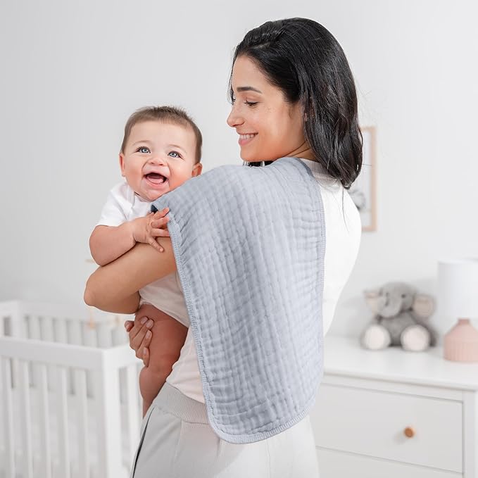 Comfy Cubs Muslin Burp Cloths 20" x 10", Pack of 10 - Large, 6-Layer, Ultra Absorbent 100% Cotton for Baby Drool and Messes - Soft, Safe & Gentle Baby Burp Cloths for Boys & Girls - Slate