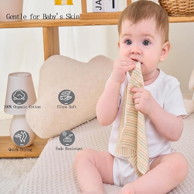 Organic Cotton Baby Washcloths - 10 Pack | Ultra-Soft Newborn Face Bath Towel - Reusable Baby Wipes for Delicate Skin Thin & Lightweight (Multicolor)