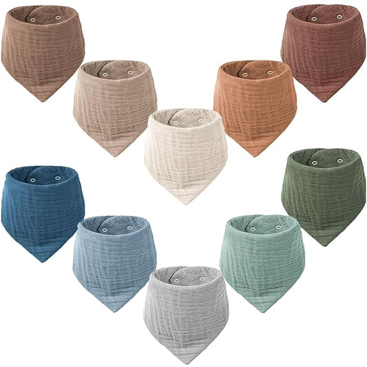 Konssy Muslin Baby Bibs 10 Pack Baby Bandana Drool Bibs 100% Cotton for Unisex Boys and Girls, Soft Absorbent Set for Teething and Drooling