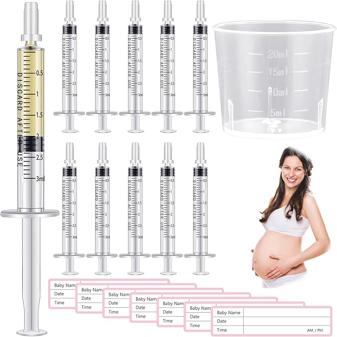 Trelaco Colostrum Collector Kit Include Sterile Sealed Breast Milk Syringes with Caps No Needle Colostrum Syringes Stickers 1 Measuring Cup Harvesting Collection for Breastmilk(100 Sets,3 ml)