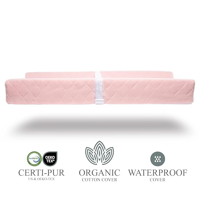 Organic Cotton Contoured Baby Changing Pad w/Waterproof Foam Mattress, Includes Soft, Removable & Washable Cover, Safety Strap, Non-Slip Bottom, Topper for Standard Size Infant Diaper Table & Dresser