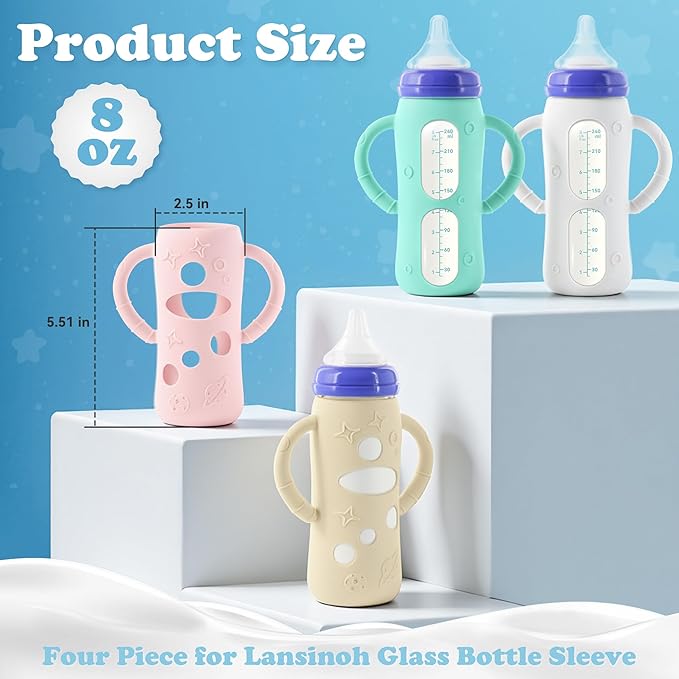 4-Pack Silicone Sleeves for Lansinoh Glass Bottles 8 oz- Starry Sky Design Baby Bottle Holder with Handles,Protectors for Lansinoh Natural Wave Glass Bottles, Anti-Scald Feeding Supplies
