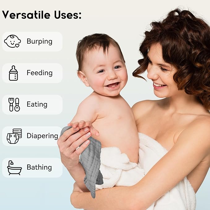 Muslin Baby Washcloths 6 Pack, 100% Cotton Wash Cloths for Babies, Large 12''X12'' Burp Cloths Absorbent and Soft for Newborn Infants Kids Boys Girls - White Gray