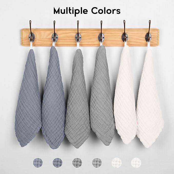 Muslin Baby Washcloths 6 Pack, 100% Cotton Wash Cloths for Babies, Large 12''X12'' Burp Cloths Absorbent and Soft for Newborn Infants Kids Boys Girls - White Gray