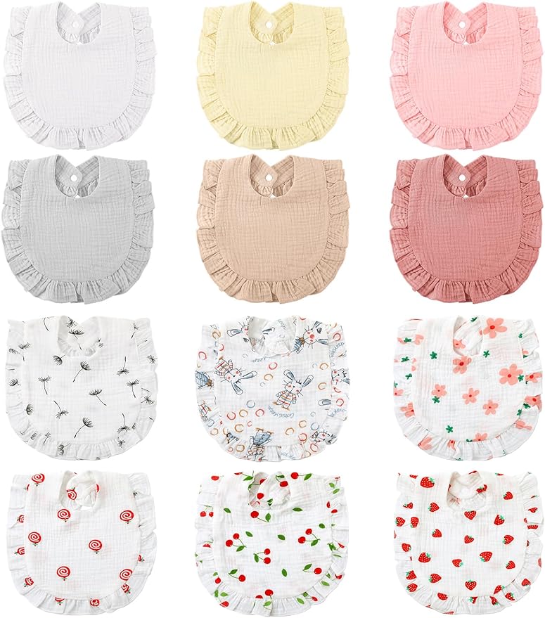 Geyoga 12 Pack Muslin Baby Bibs Adjustable Bandana Drool Bib for Unisex Cotton for Infants Boys Girls Teething
