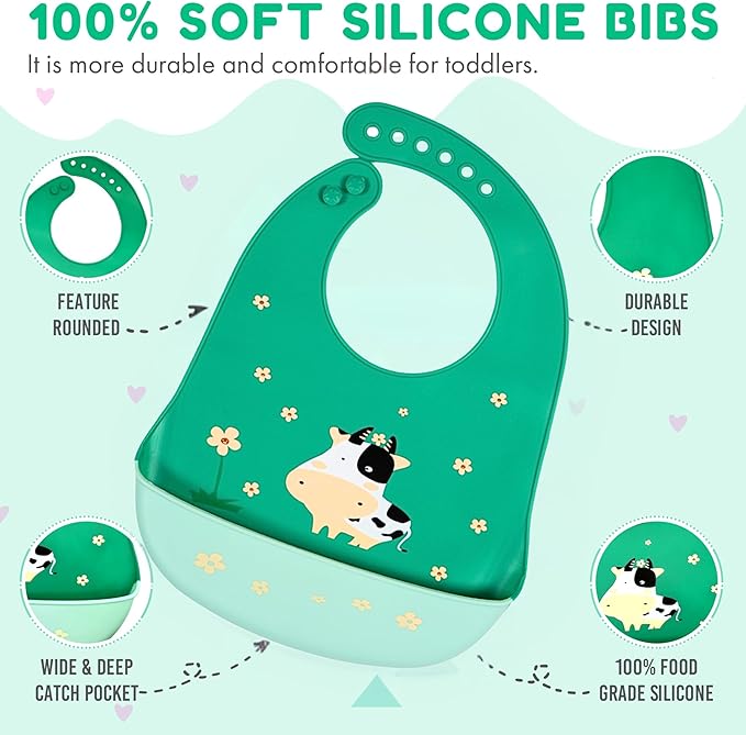 Silicone Baby Bibs Unisex, Self-Feeding, Catch-all Large Pocket, 6-48 months, BPA-Phthalate Free, w/Travel Case