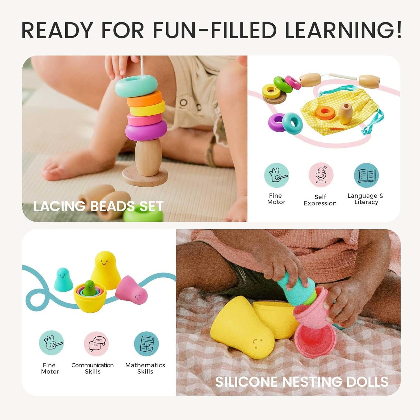 Tiny Land Montessori Toy Set for Baby 16-18 Months Adventure Play Kit - 7-in-1 Ramp Race Track, Shape Sorting and Color Matching Box, Lacing Beads Set, Silicone Nesting Dolls, Animals Board Book