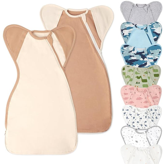 Newborn Baby Swaddle Blanket Sleep Sack 0-3 Months, Arms Up Swaddles 2 Packs Cotton, Hands Up 3-Way Transitions to Arms-Free Wearable Sleeping Sack Bag for Boys Girls Snug Fit Calms Startle Reflex