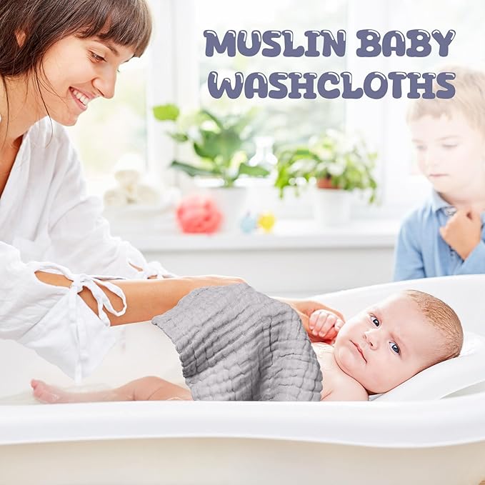 Breling 20 Pcs Baby Muslin Washcloth 12 x 12 Inch 100% Cotton Soft and Absorbent Muslin Washcloth Burp Cloth Wipe Newborn Face Towel for Baby Boy Girl Sensitive Skin(White, Light Gray, Gray)