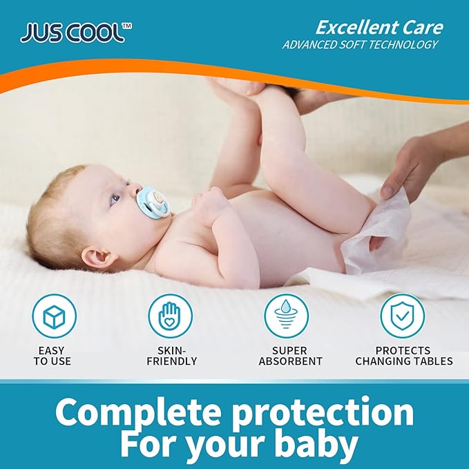 JUS COOL Baby Disposable Changing Pads, 18”x 24”(100 Count) Underpads Portable Diaper Changing Pads, Soft Bed Pads Ultra Absorbent and Waterproof