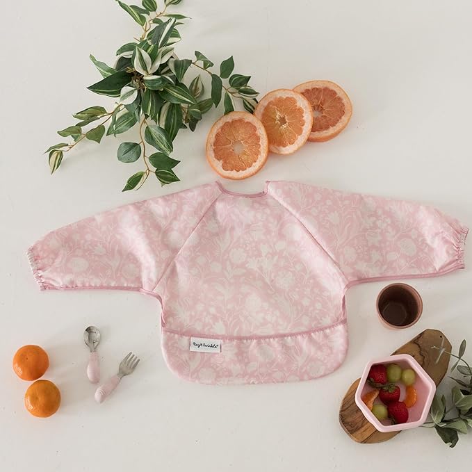 Tiny Twinkle Long Sleeve Bib for Babies & Toddlers – 2 Pack Waterproof Smock Bibs for Eating – Machine Washable & Mess-Proof, Baby Feeding Essential & Shower Must-Have (Toile,Bows, 6-24M)