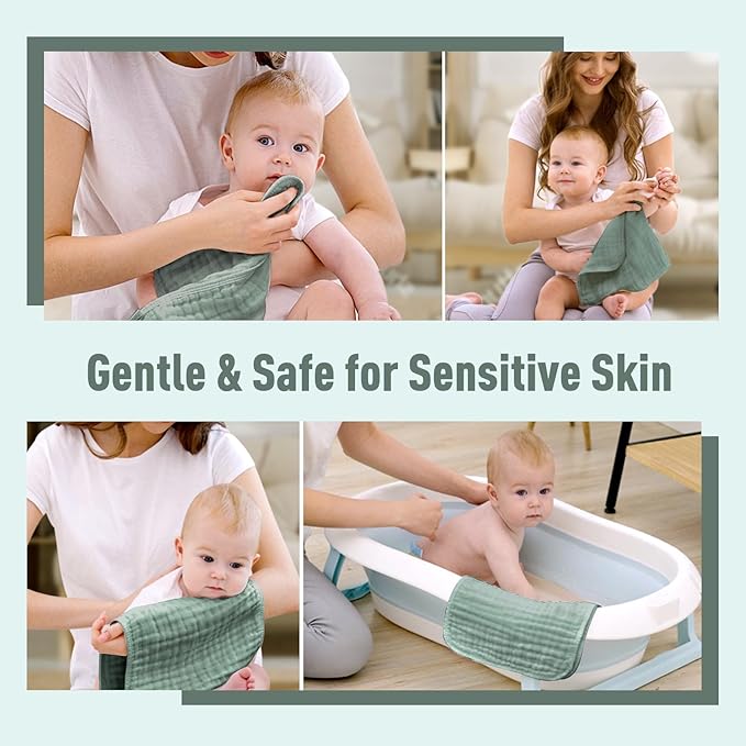 Yoofoss Muslin Burp Cloths for Baby 10 Pack 100% Organic Cotton Baby Washcloths for Boys Girls Large 20''X10'' Super Soft and Absorbent Dark Green