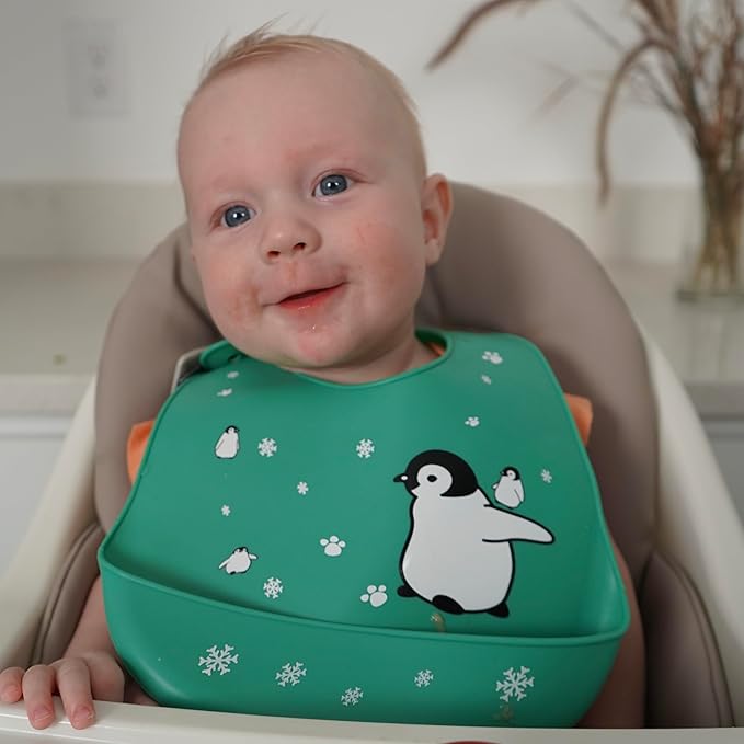 Silicone Baby Bibs Unisex, Self-Feeding, Catch-all Large Pocket, 6-48 months, BPA-Phthalate Free, w/Travel Case
