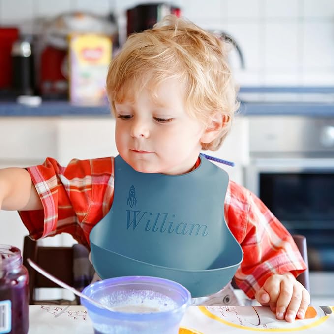 SRdrew Personalized Silicone Bibs Set Custom Engraved Name Icon Toddler Bib Durable Adjustable for Boy Girl