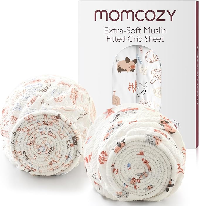 Momcozy Muslin Mini Crib Sheets Fitted - 38''x26'' Pack and Play Sheets for Pack N Play Mattress, 2 Pack Soft & Breathable Natural Cotton Non Slip Bed Cover for Boys, Girls, Farming Joy