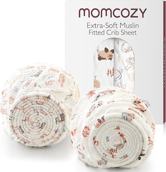 Momcozy Muslin Mini Crib Sheets Fitted - 38''x26'' Pack and Play Sheets for Pack N Play Mattress, 2 Pack Soft & Breathable Natural Cotton Non Slip Bed Cover for Boys, Girls, Farming Joy