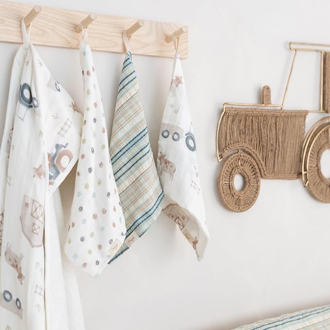 Crane Baby Hooded Towel & Washcloth Set, Charlie Farmhouse Tractor Hooded Baby Towels and Washcloths Set, Baby Bath Essentials, Washcloths for Newborn, Muslin Towel for Babies
