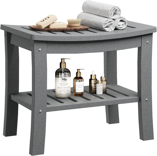 HDPE Shower Bench with Storage Shelf,Waterproof Shower Seat Stool Chair for Bathroom Bathtub,Non-Slip Spa Stool,Indoor Outdoor Use,Space-Saving,No Maintenance