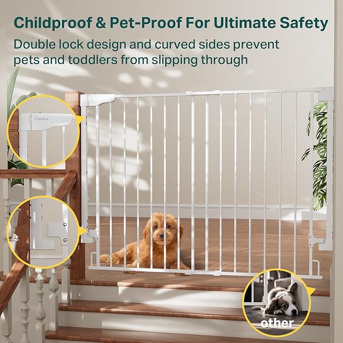 Cumbor 34" Extra Tall Baby Gate for Stairs, Wall-Mounted (Drill Required), Expandable 31.6-48" No Bottom Bar Dog Gate Indoor for Larger Pets, Large Walk Thru Door for Easy Access (White)