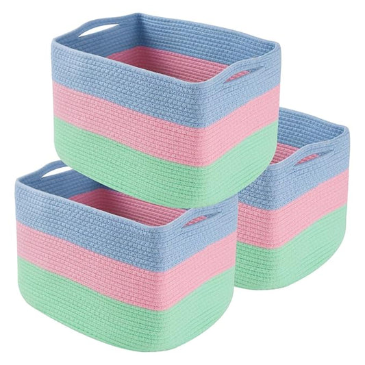 Hopegiver 3 Pack Storage Baskets for Organizing with Handle, Woven Baskets for Shelves - Durable Gift Basket for Cloth Toys Books Baby, Cotton Rope Basket for Dog Cat, 15x11x10 Inch(Blue&Pink&Green)