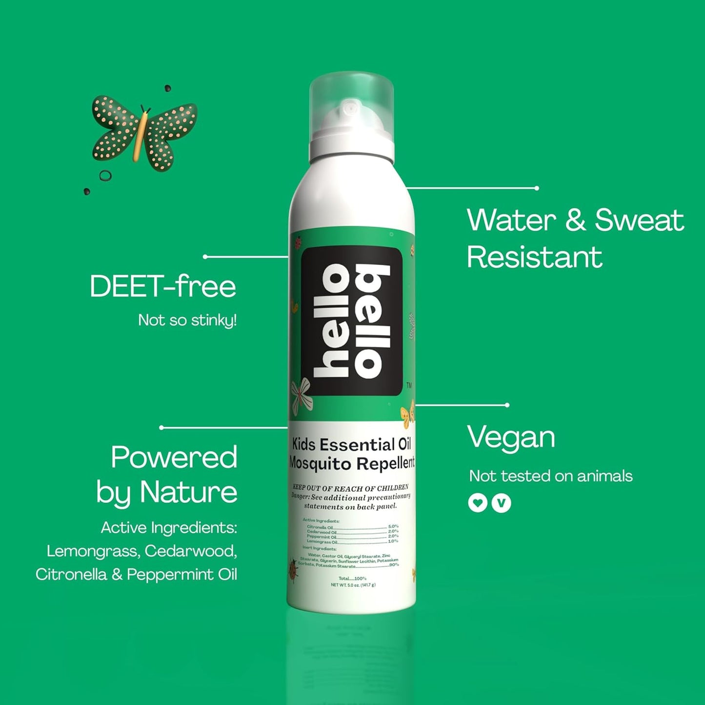 Hello Bello Mosquito Repellent Spray, with Natural Lemongrass, Cedarwood, Citronella, and Peppermint Oils, 5oz Can