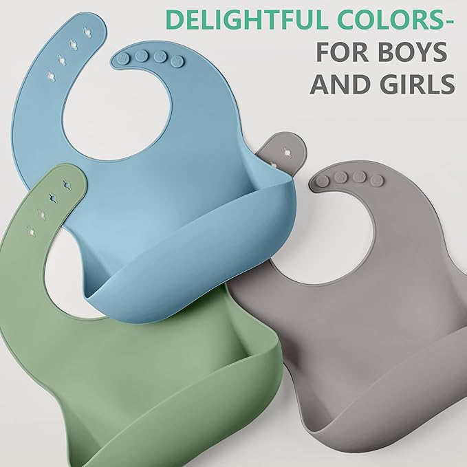 Cuddle Campus Set of 3 Silicone Bibs for Babies & Toddlers,Soft Adjustable Bibs with Pocket Food Catcher for Baby Girl,Boy