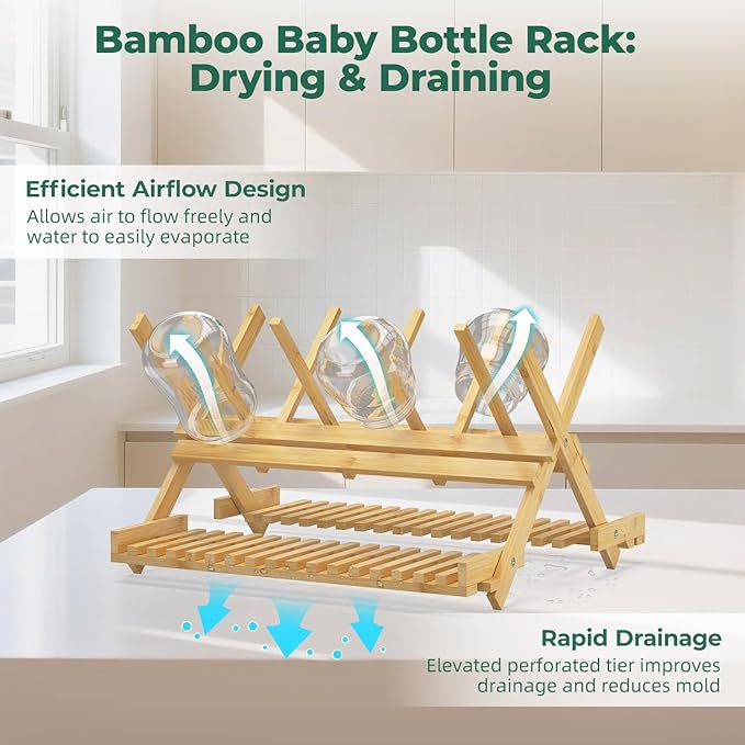 EsLuker.ly Baby Bottle Drying Rack, Bamboo Vertical Dryer Holder Organizer for Kitchen Countertop, Space Saving Foldable Baby Glass Milk Bottle Drain Storage Shelf for New Parents Family, No Assembly