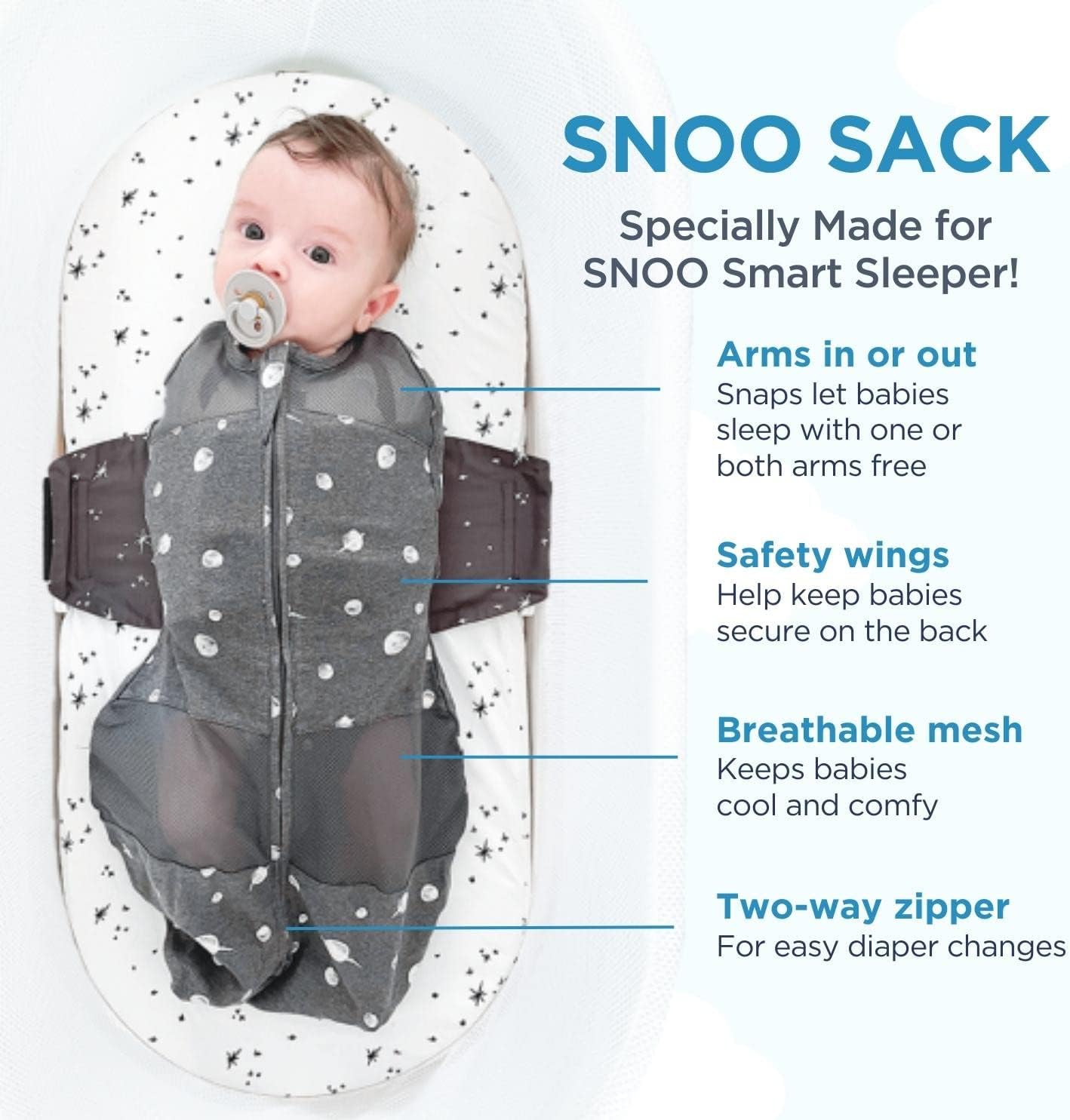 Happiest Baby SNOO Sleep Sack - 100% Organic Cotton Baby Swaddle Blanket - Doctor Designed Promotes Healthy Hip Development (Charcoal Stars, Large)