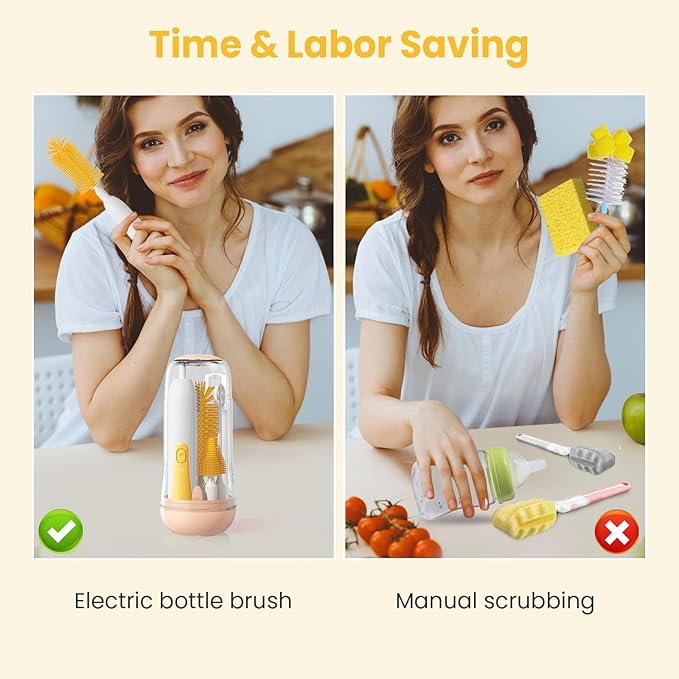 Electric Bottle Brush Cleaner, Baby Bottle Cleaning Set with Nipple Straw Brushes Drying Rack Soap Dispenser Rechargable Waterproof Multi-use E-Brush Kit for Travel & Home, Yellow