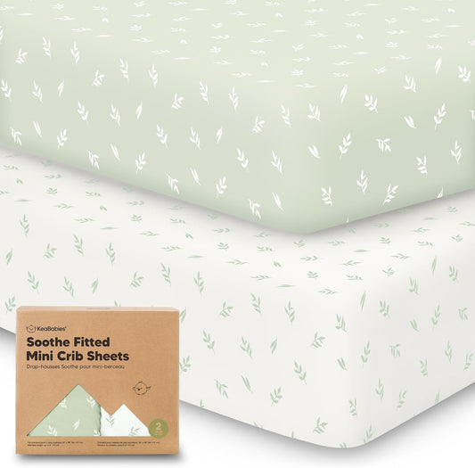 2-Pack Mini Crib Sheets Fitted - 38x26 Pack N Play Sheets for Pack and Play Mattress, Organic Cotton, Soft & Breathable Playard Bedding, Neutral Mini Toddler Bed Cover for Boys, Girls (Herb)