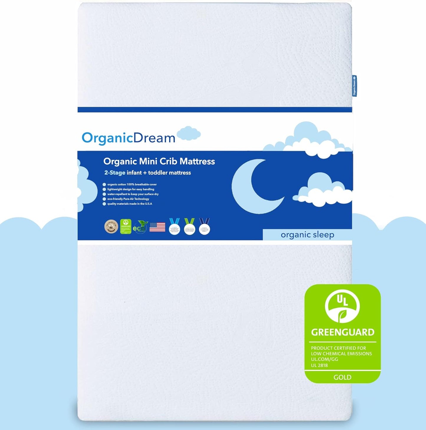 Organic Dream 5" Mini Crib Mattress - 100% Breathable Proven to Reduce Suffocation Risk - GREENGUARD I 2-Stage I Washable I Extra Firm Infant Side and Plush Toddler (38x24x5) - Deluxe 5" Thick