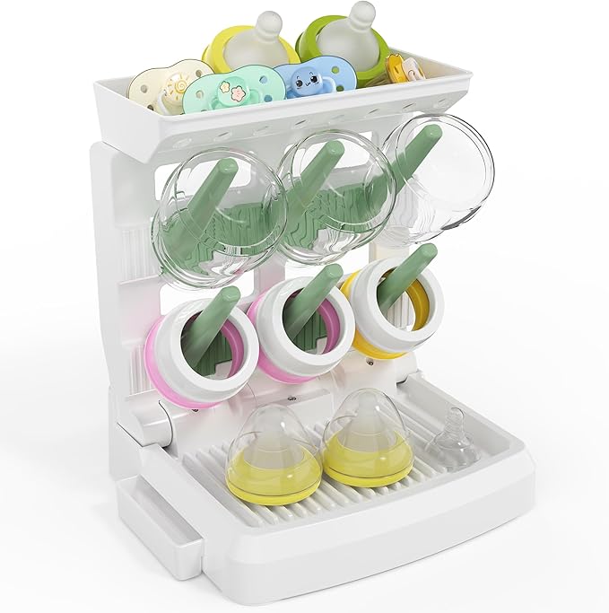 Baby Bottle Drying Rack for 6 Bottles, Vertical Cup Drying Holder, Space Saving Countertop Standing Bottle Dryer Rack for Baby Accessories & Pump Parts（Small White&Green）