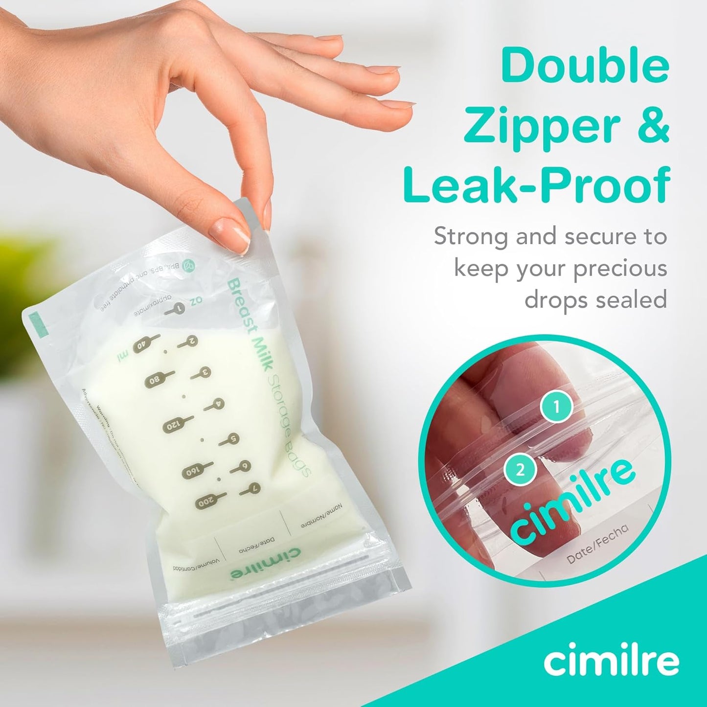Breast Milk Storage Bags by Cimilre, Leak-Proof Breastmilk Storage Bags, Freeze Flat or Standing, 7 oz. Bags (100 Pack)