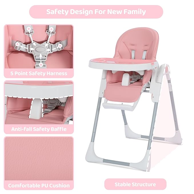 3 in 1 Foldable Baby High Chair, Infant High Chairs for Babies and Toddlers, 6 Height & 5 Recline Adjustable Toddler Feeding Chair, 2 Tray Depth & 3 Footrest Angles, 2 Built-in Wheels, Pink
