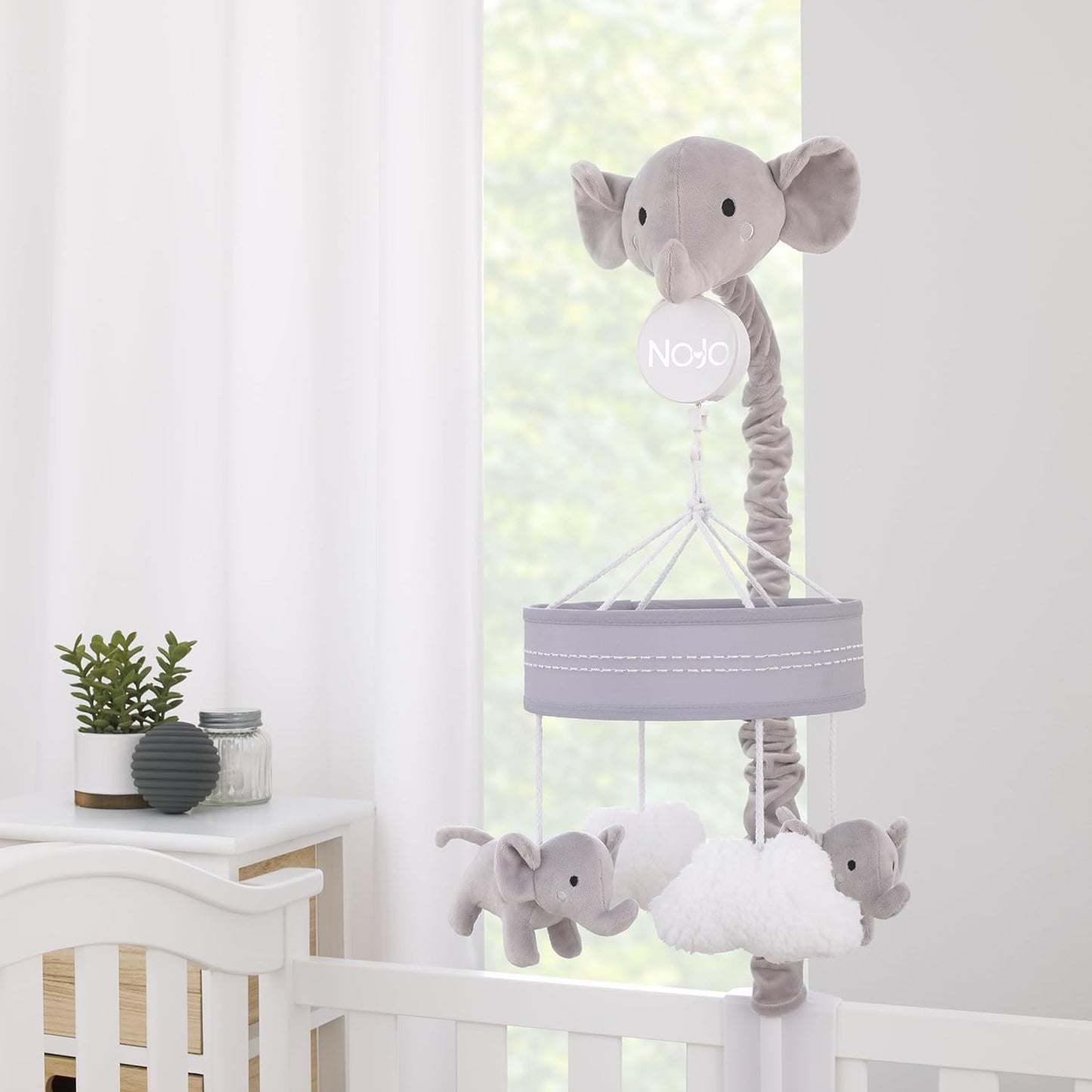 NoJo Plush Elephant Gray and White Puffy Clouds Musical Mobile