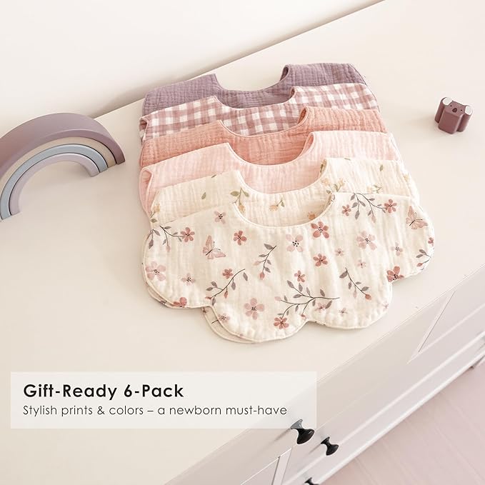 Muslin Baby Bibs, 6 Pack 100% Cotton Absorbent 360 ° Rotate Flower-Shaped Bandana Drool Bibs for Baby Girls & Boys
