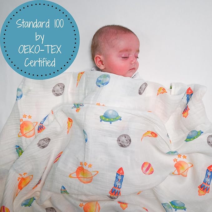 LollyBanks Swaddle Blanket, 100% Cotton Baby Blanket, Soft Muslin Swaddle Blanket 47 x 47 Inches, Neutral Baby Blanket for Boys and Girls, Baby Essentials, Registry (Space Print, Universe)