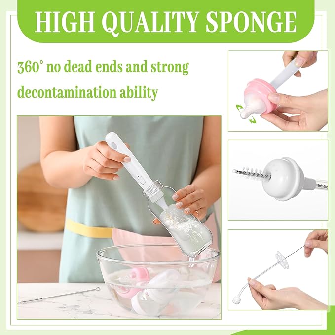 22 Pcs Sponge Bottle Nipple Brushes Set Including 12 Pcs Bottle Sponge Brush Heads 6 Interchangeable Nipple Brush Handles and 4 Long Straw Brushes for Baby Bottles(White Handle)