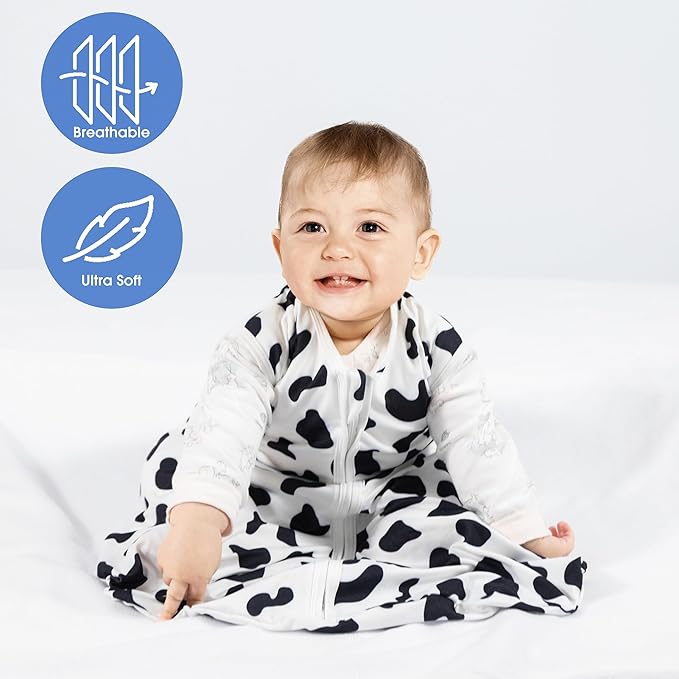 Baby Sleep Sack 18-24 Months Baby Wearable Blanket 100% Rayon Cotton 2-Way Zipper Toddler Sleeping Sack，Comfy Soft Lightweight TOG 0.3（Cow Print）