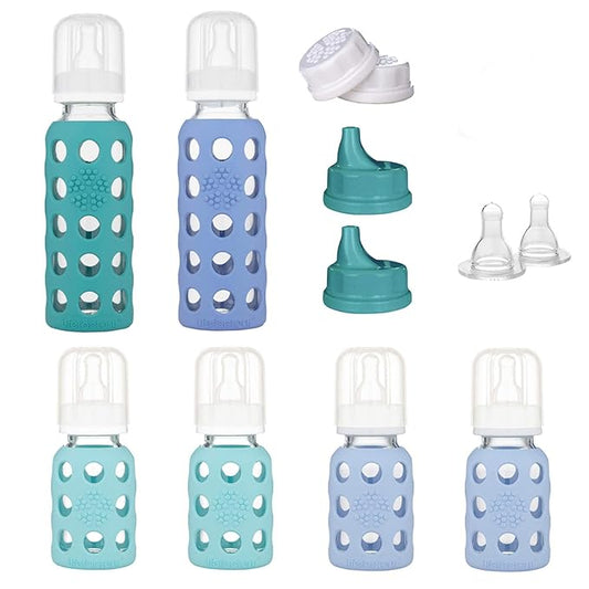 Lifefactory Baby Bottle Starter Set 12-Piece | 4 oz Mint & Blanket, 9 oz Kale & Blueberry | Includes Flat Caps, Sippy Caps, Stage 3 Nipples